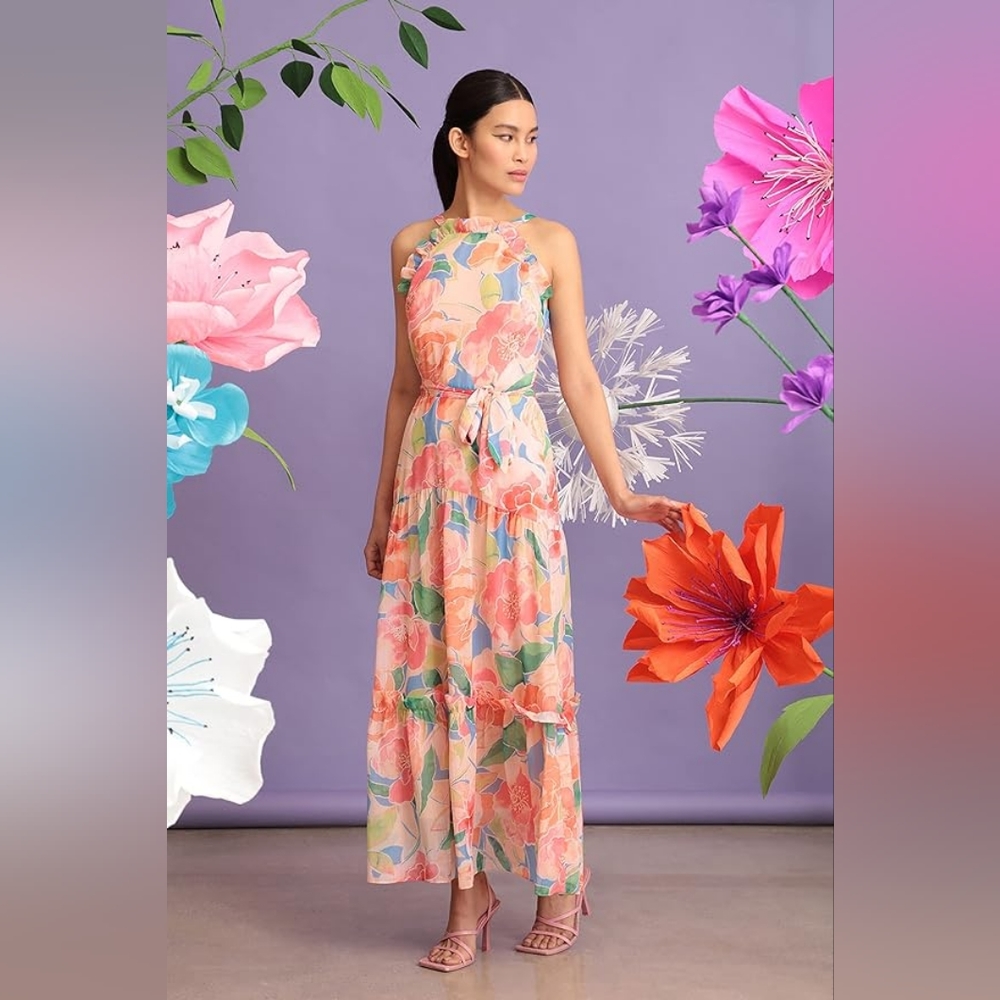 Maggy London Halter Neck Chiffon Maxi with Ruffle   Size 0